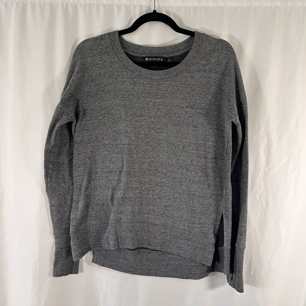 Athleta Sweater Women's Small Grey Heathered Long Sleeve Crew Neck Side Slits